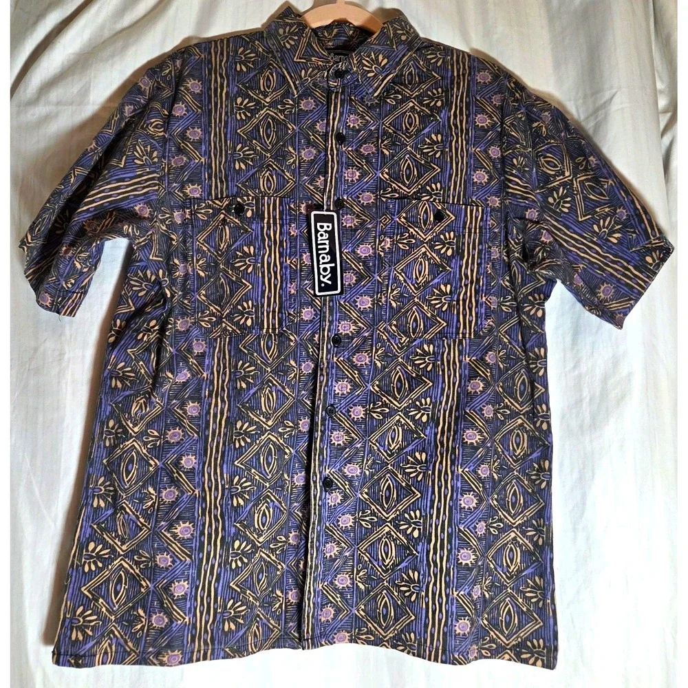 Barnaby 100% Cotton Geometric Short Sleeve Button-Up Shirt M Blue 90's Era